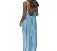 Women's Solid Color Backless Cami Dress, Casual Sleeveless Boho Maxi Dress Spaghetti Strap Ruffle Loose Fit Dresses (Light Blue,TTG)