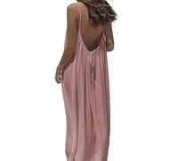 Women's Solid Color Backless Cami Dress, Casual Sleeveless Boho Maxi Dress Spaghetti Strap Ruffle Loose Fit Dresses (Pink,Grand)