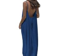 Women's Solid Color Backless Cami Dress, Casual Sleeveless Boho Maxi Dress Spaghetti Strap Ruffle Loose Fit Dresses (Navy Blue,Grand)