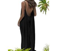 Women's Solid Color Backless Cami Dress, Vacation Beach Dresses, Summer Flowy Backless Long Sundress (Black,TG)