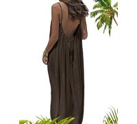 Women's Solid Color Backless Cami Dress, Vacation Beach Dresses, Summer Flowy Backless Long Sundress (Brown,TG)