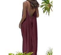 Women's Solid Color Backless Cami Dress, Vacation Beach Dresses, Summer Flowy Backless Long Sundress (Burgundy,TG)