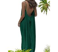 Women's Solid Color Backless Cami Dress, Vacation Beach Dresses, Summer Flowy Backless Long Sundress (Dark Green,TG)