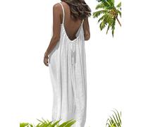 Women's Solid Color Backless Cami Dress, Vacation Beach Dresses, Summer Flowy Backless Long Sundress (White,TG)