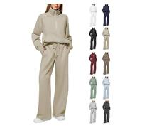Women's Solid Color Cotton Half Zip Two-Piece Set, Soft Casual Cotton Sweatsuits Women 2 Piece Outfit Set(Light khaki,S)