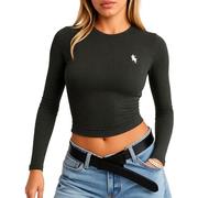 Womens Solid Color Long Sleeve Ribbed Crop Top Slim Fit Crew Neck Basic Tee Casual Streetwear Y2K Fashion Shirt for Daily Wear and Party