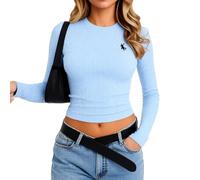 Womens Solid Color Long Sleeve Ribbed Crop Top Slim Fit Crew Neck Basic Tee Casual Streetwear Y2K Fashion Shirt for Daily Wear and Party