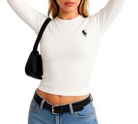 Womens Solid Color Long Sleeve Ribbed Crop Top Slim Fit Crew Neck Basic Tee Casual Streetwear Y2K Fashion Shirt for Daily Wear and Party
