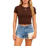 Women's Solid Color Short Sleeve Crop Top Summer Casual Basic Tee Shirt Fitted Round Neck Knit Blouse Trendy Y2K Going Out Tops for Juniors