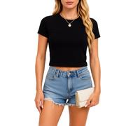 Women's Solid Color Short Sleeve Crop Top Summer Casual Basic Tee Shirt Fitted Round Neck Knit Blouse Trendy Y2K Going Out Tops for Juniors