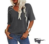 Women's Solid Color V Neck T Shirt,Oversized 3/4 Sleeve Loose Fitting Shirts,Summer Fashion Casual Basic Tops
