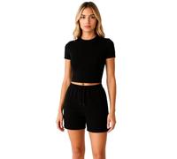 Women's Solid Color Yoga Set Short Sleeve Crop Top and High Waisted Biker Shorts Two Piece Workout Outfit Summer Loungewear Athletic Wear
