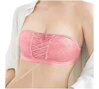 Women's Solid Lace Strapless Stealth Bra Wire Bandage Underwear Nightdress Set, White, L(Pink,M)