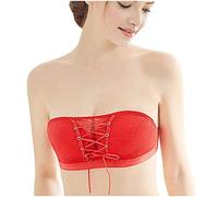 Women's Solid Lace Strapless Stealth Bra Wire Bandage Underwear Nightdress Set, White, XL(Red,M)