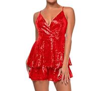 Womens Spaghetti Strap Sequin Rompers Sexy Wrap V Neck Ruffle Shorts Jumpsuits One Piece Party Concert Outfit