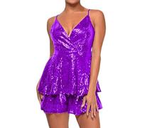 Womens Spaghetti Strap Sequin Rompers Sexy Wrap V Neck Ruffle Shorts Jumpsuits One Piece Party Concert Outfit