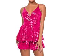 Womens Spaghetti Strap Sequin Rompers Sexy Wrap V Neck Ruffle Shorts Jumpsuits One Piece Party Concert Outfit