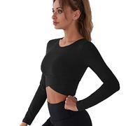Womens Sports Crop Top, Manches Longues Cross Wrap Workout Athletic Running Tank Tops avec Trou pour Le Pouce