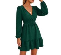 Women's Spring V Neck Long Sleeve Ruffle Slim A Line Dress Black Polka Dot Mini Wrap Dress Casual Swing Sundress for Party Date Night Summer