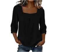 Womens Square Neck Blouse Lace Trim Three Quarter Sleeve Casual Top (Black,3TG)
