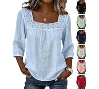 Womens Square Neck Blouse Lace Trim Three Quarter Sleeve Casual Top (Blue,S)