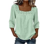 Womens Square Neck Blouse Lace Trim Three Quarter Sleeve Casual Top (Green,3TG)
