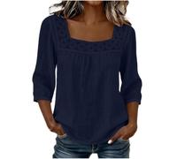 Womens Square Neck Blouse Lace Trim Three Quarter Sleeve Casual Top (Navy,S)