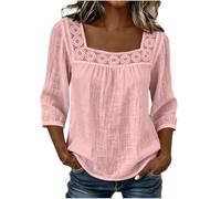 Womens Square Neck Blouse Lace Trim Three Quarter Sleeve Casual Top (Pink,3TG)