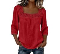 Womens Square Neck Blouse Lace Trim Three Quarter Sleeve Casual Top (Red,S)