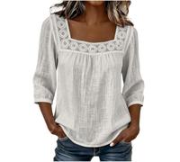 Womens Square Neck Blouse Lace Trim Three Quarter Sleeve Casual Top (White,S)