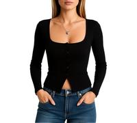 Women's Square Neck Long Sleeve Ribbed Knit Top Slim Fit Button Down Crop Shirt Casual Y2K Basic Tee Solid Color Fall Winter Inner Wear Blouse