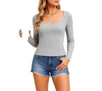 Women's Square Neck Long Sleeve T Shirt Slim Fit Basic Top Casual Stretchy Ribbed Knit Tee Spring Fall Fashion Solid Color Undershirt for Daily Wear