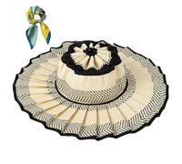Women's Straw Reversible Pleated Sun Hat,Foldable Wide Brim Beach Hat,Casual Outdoor Straw Caps for Travel/Summer (FR/ES, Alpha/Lettres, Taille Unique, Color6)