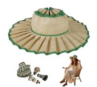 Women's Straw Reversible Pleated Sun Hat,Wide Brim Foldable Beach Hats,Casual Outdoor Sun Hats for Summer Travel (B)