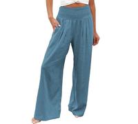 Womens Stretch Wide Leg Trousers High Waisted Casual Pants Pocket Loose Fit Solid Colour Palazzo Bottoms Comfortable Office Holiday Everyday Wear, 05-Blue, XXL