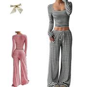 Womens Striped 2 Piece Sets Square Neck Top,Cropped Tunic Top Drawstring Wide Leg Pant Matching,Fall Fashion Lounge Sweatsuit (Black, XXL)