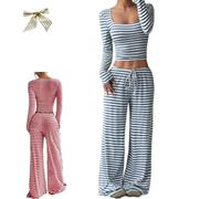 Womens Striped 2 Piece Sets Square Neck Top,Cropped Tunic Top Drawstring Wide Leg Pant Matching,Fall Fashion Lounge Sweatsuit (Blue, S)