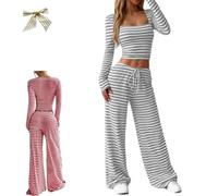 Womens Striped 2 Piece Sets Square Neck Top,Cropped Tunic Top Drawstring Wide Leg Pant Matching,Fall Fashion Lounge Sweatsuit (Grey, M)