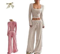 Womens Striped 2 Piece Sets Square Neck Top,Cropped Tunic Top Drawstring Wide Leg Pant Matching,Fall Fashion Lounge Sweatsuit (Khaki, XL)