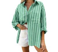 Womens Striped Button Down Shirt Long Sleeve Loose Fit Collared Top (Green,TG)