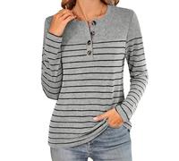 Women's Striped Henley Long Sleeve T-Shirt Casual Button Down Tunic Soft Knit Pullover Blouse for Fall Winter Daily Wear Loose Fit Crew Neck Tee