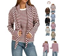 Women's Striped Knit Top Detachable Scarf Long Sleeve Pullover Top