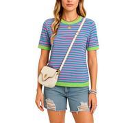 Women's Striped Knit Top Short Sleeve Pullover Sweater Color Block Crew Neck Tee Summer Casual Blouse Teal Pink Green Fashion Loose Fit Shirt for Daily Wear