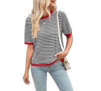 Women's Striped Knit Top Short Sleeve Pullover Sweater Color Block Crew Neck Tee Summer Casual Blouse Teal Pink Green Fashion Loose Fit Shirt for Daily Wear