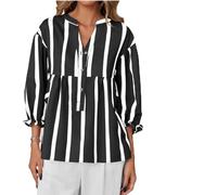 Women's Striped V Neck Blouse,Casual Puff 3/4 Sleeve Babydoll Tunic Top,Summer Loose Fit Button Striped Flowy Shirt for Daily (FR/ES, Alpha/Lettres, TG, Taille Normale, Taille Normale, Black)
