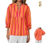 Women's Striped V Neck Blouse,Casual Puff 3/4 Sleeve Babydoll Tunic Top,Summer Loose Fit Button Striped Flowy Shirt for Daily (FR/ES, Alpha/Lettres, L, Taille Normale, Taille Normale, Orange)