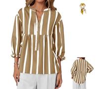 Women's Striped V Neck Blouse,Casual Puff 3/4 Sleeve Babydoll Tunic Top,Summer Loose Fit Button Striped Flowy Shirt for Daily (FR/ES, Alpha/Lettres, TG, Taille Normale, Taille Normale, Khaki)