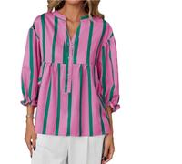 Women's Striped V Neck Blouse,Casual Puff 3/4 Sleeve Babydoll Tunic Top,Summer Loose Fit Button Striped Flowy Shirt for Daily (FR/ES, Alpha/Lettres, TG, Taille Normale, Taille Normale, Rose Red)