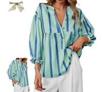 Womens Striped V Neck Blouse,Puff 3/4 Sleeve Babydoll Tunic Top,Cute Casual Loose Fit Flowy Shirts,V-Neck Pleated T-Shirt (FR/ES, Alpha/Lettres, TG, Taille Normale, Taille Normale, Light Green)