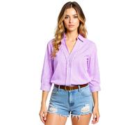 Women's Striped V Neck Shirt 3/4 Sleeve Casual Button Down Blouse Summer Lightweight Cotton Linen Top for Work Beach Vacation Office Daily Wear
